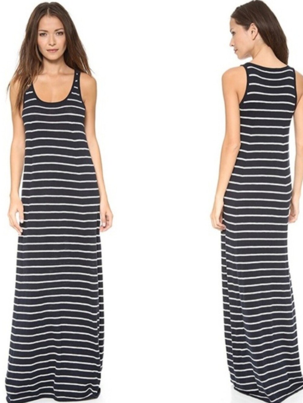 Vince Striped Knit Navy Tan Sleeveless  Racerback Lightweight Maxi Dress Small